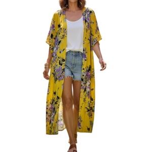 Umgee Yellow Purple Green Black Floral Kimono - Size Large